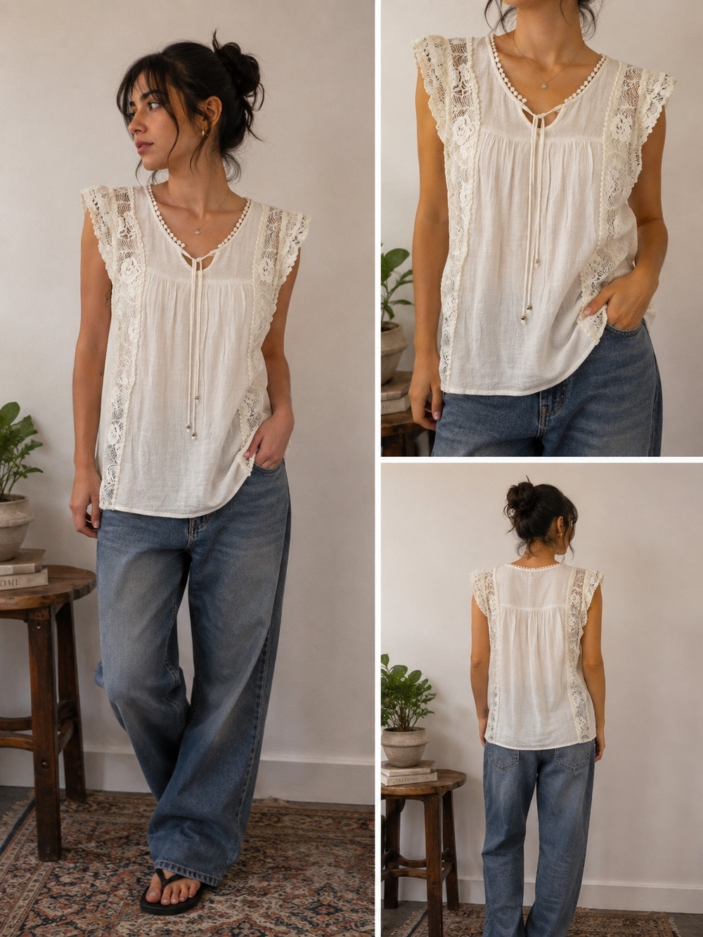 Romantic Boho Lace Trim Size Large Tie Front Blouse